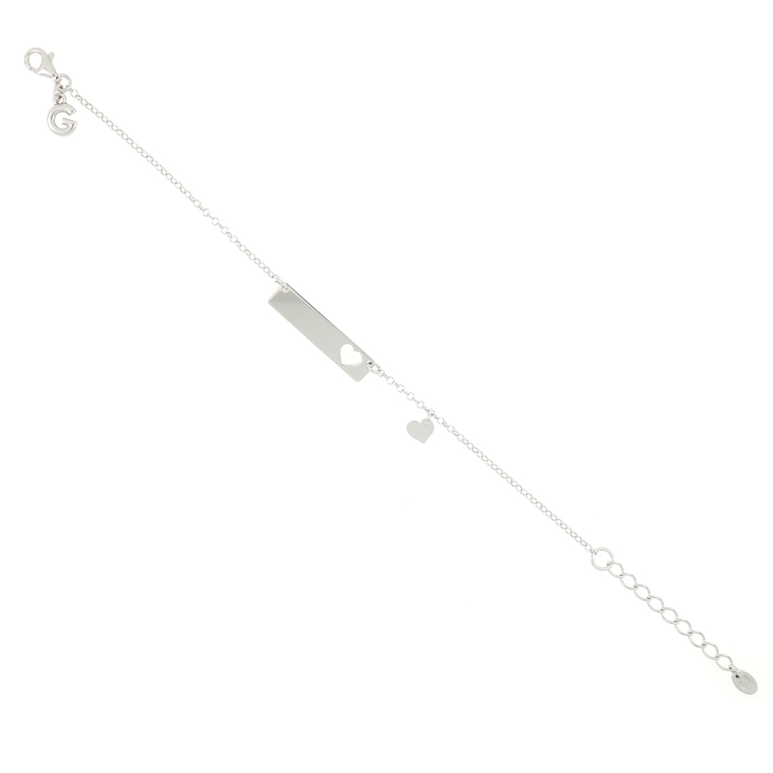 Bracciale con targa argento rettangolare, foro e mini pendente a forma di cuore