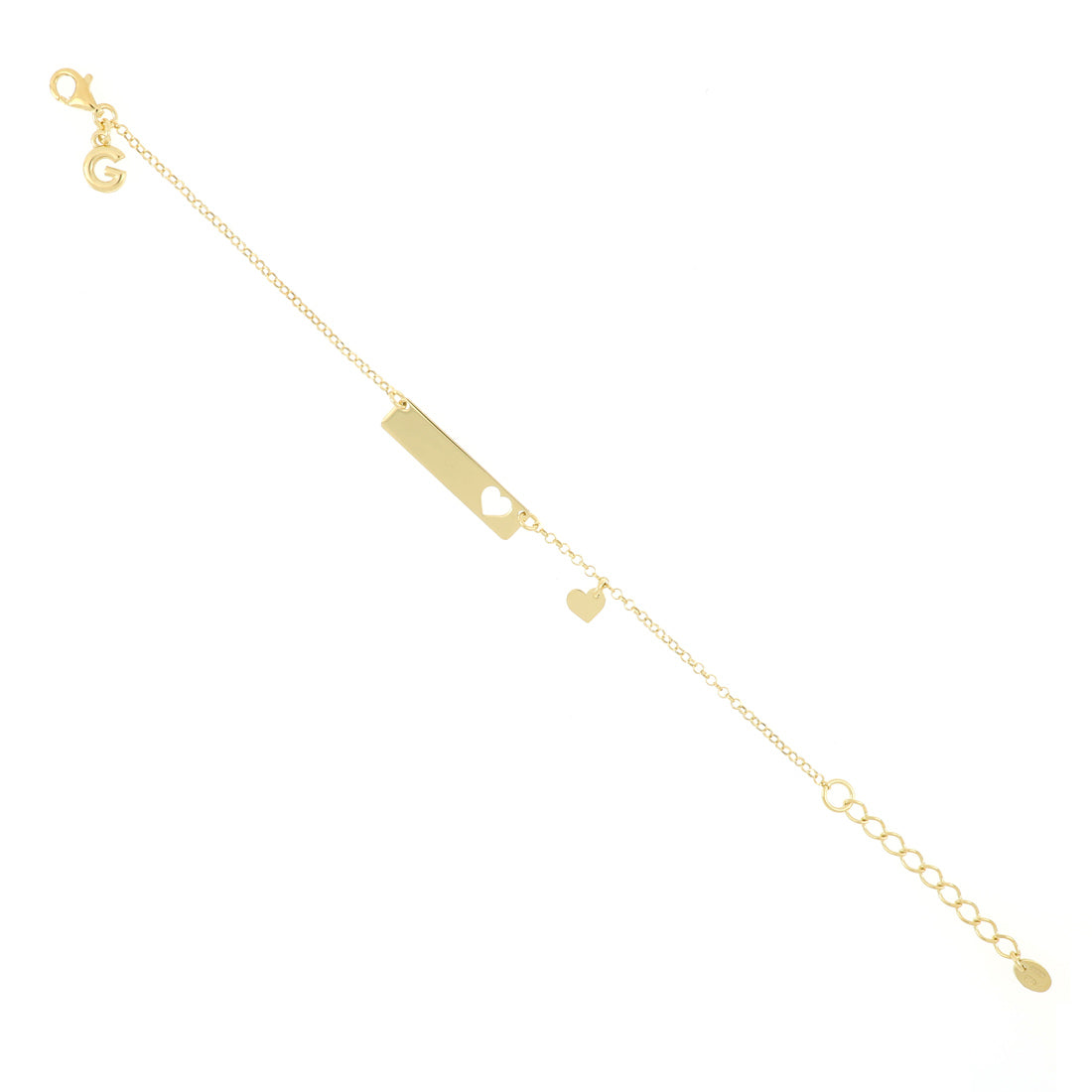 Bracciale con targa dorata rettangolare, foro e mini pendente a forma di cuore