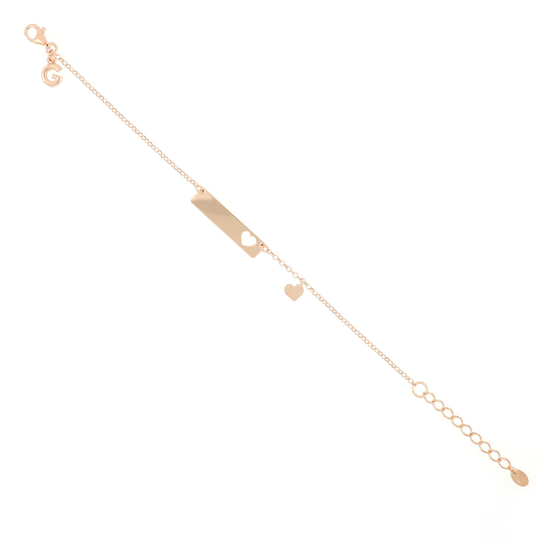 Bracciale con targhetta oro rosa in argento: presenta un foro laterale a forma di cuore e mini pendente cuoricino