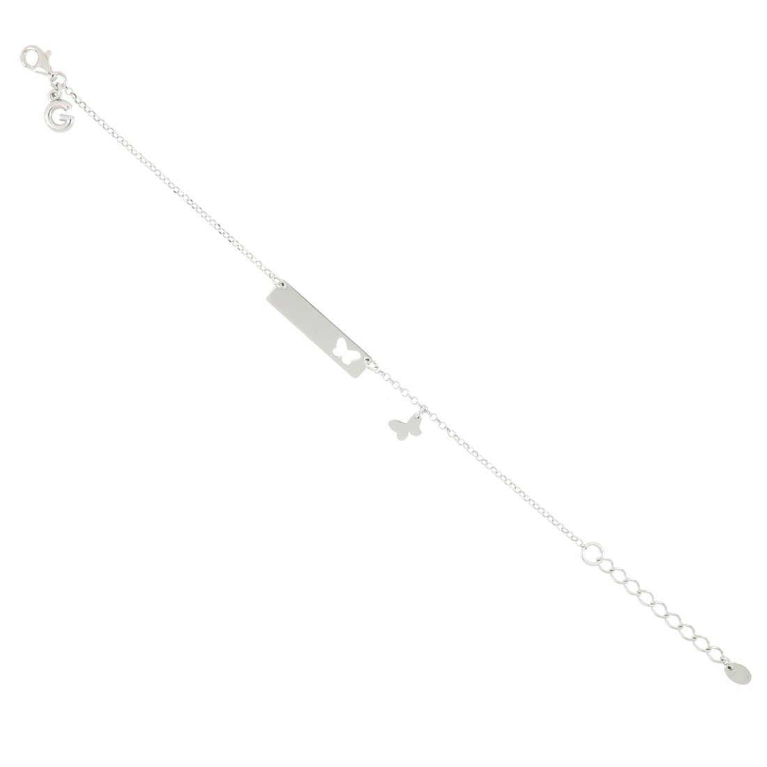 Bracciale con targhetta argento forata lateralmente a forma di farfalla e mini pendente farfalla