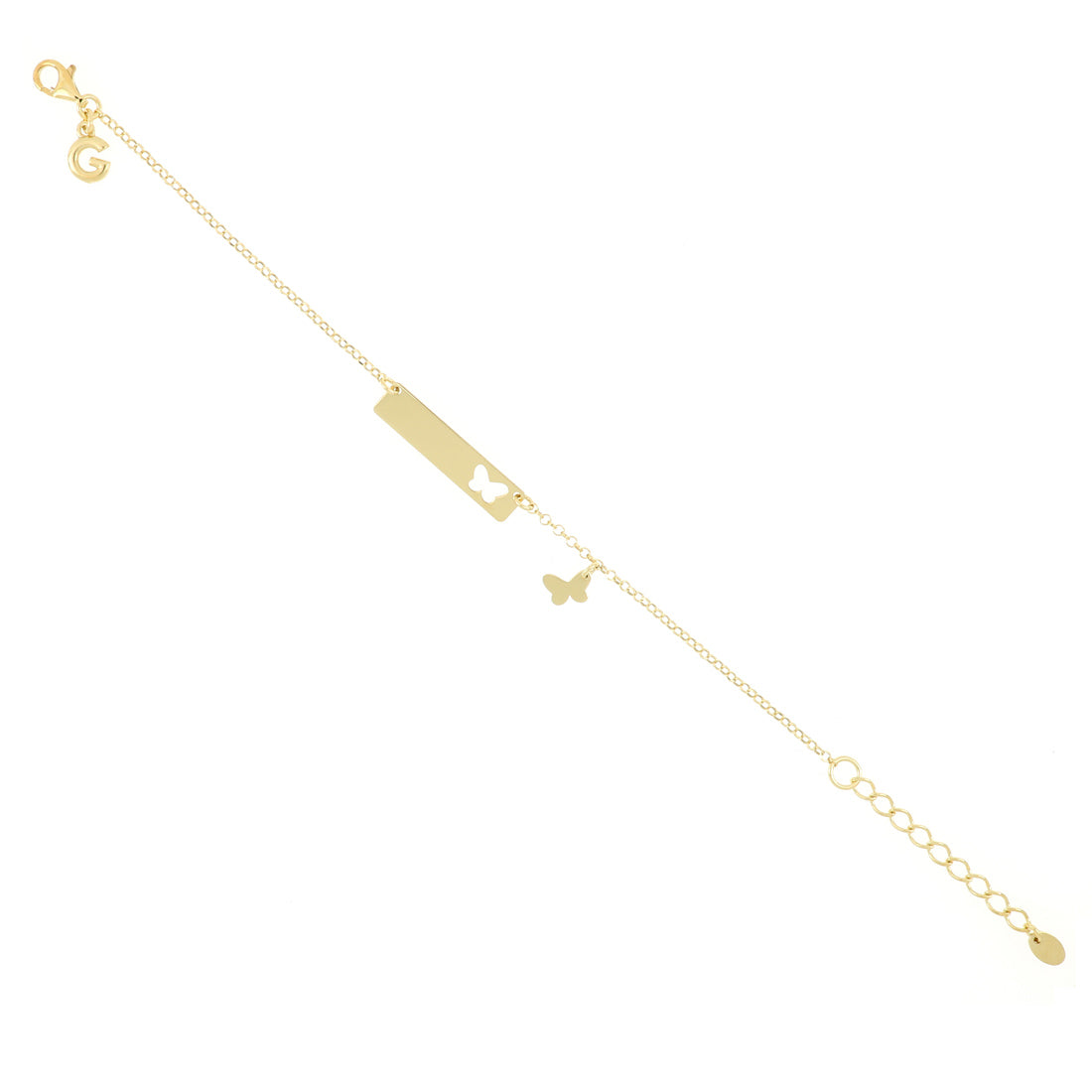 Bracciale placcato oro con targhetta con foratura laterale a forma di farfalla e mini pendente farfalla