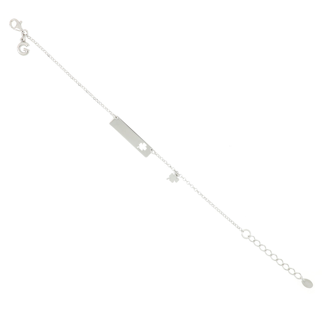 Bracciale con targhetta in argento forata lateralmente a forma di quadrifoglio e pendentino abbinato