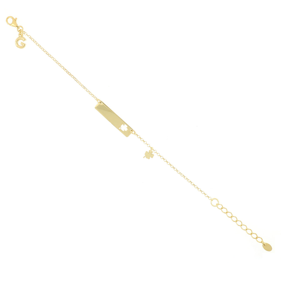 Bracciale in argento con targa forata lateralmente a forma di quadrifoglio e pendente quadrifoglio dorato