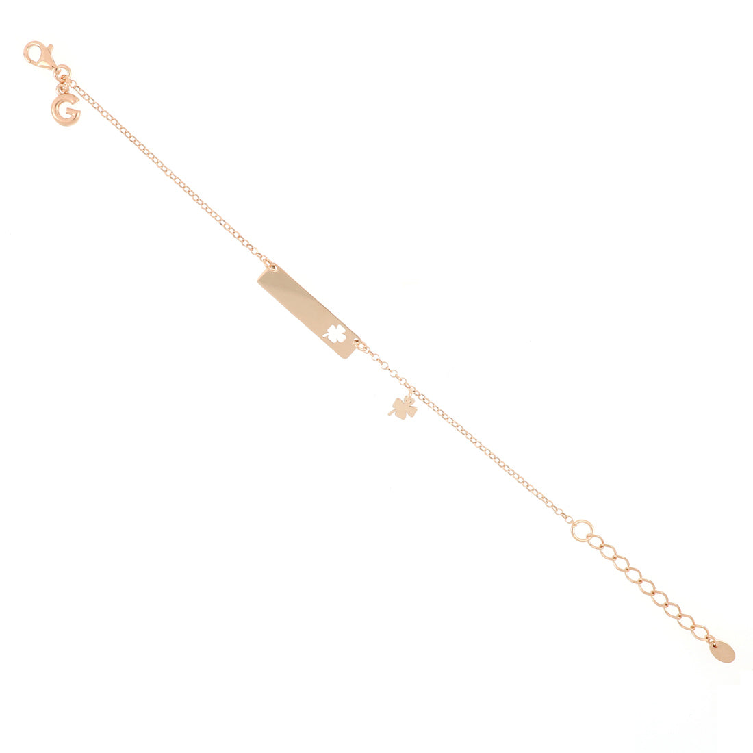 Bracciale oro rosa con targa quadrifoglio in argento e pendente abbinato