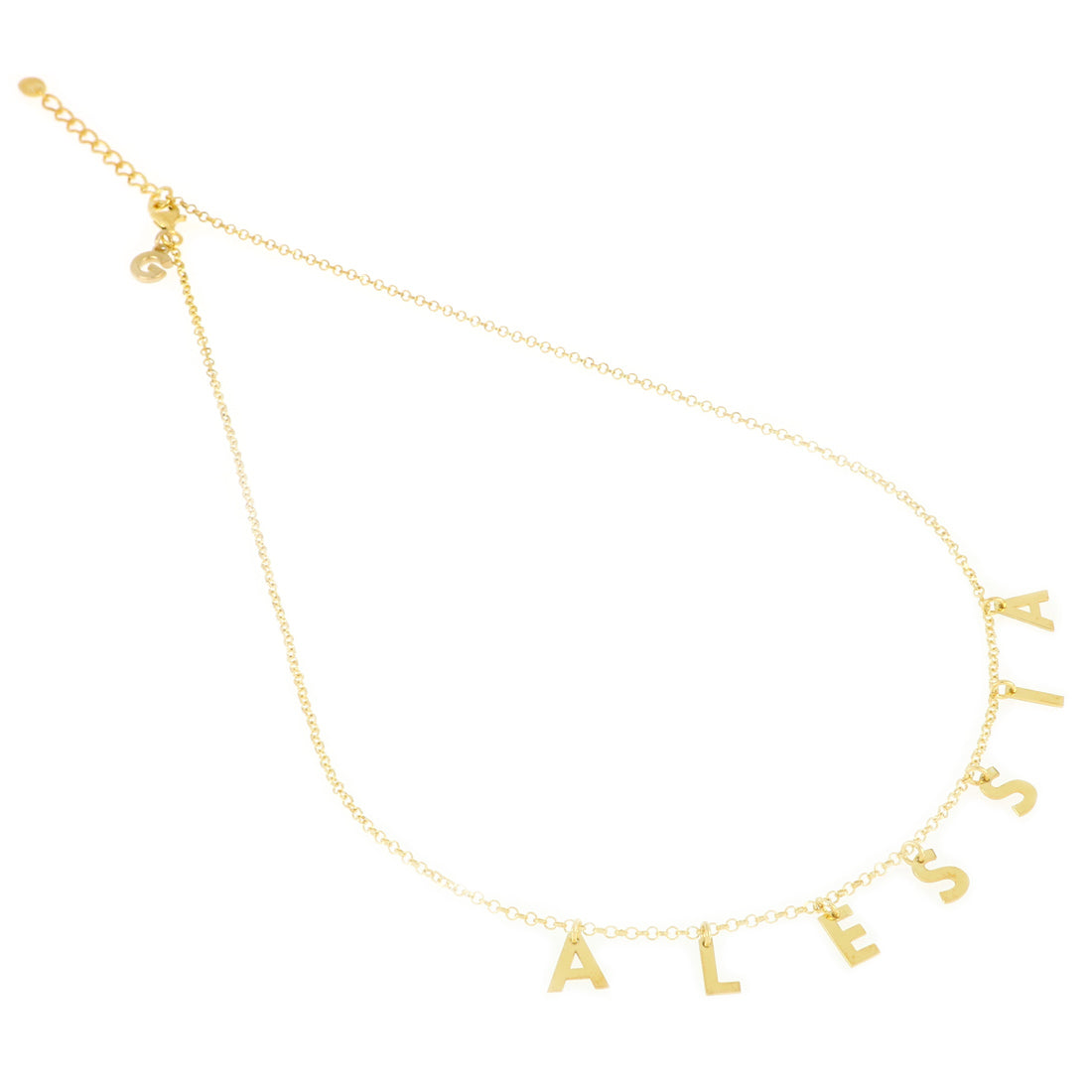 Collana personalizzata con lettere che formano il nome Alessia. Collana in argento 925 placcata oro.