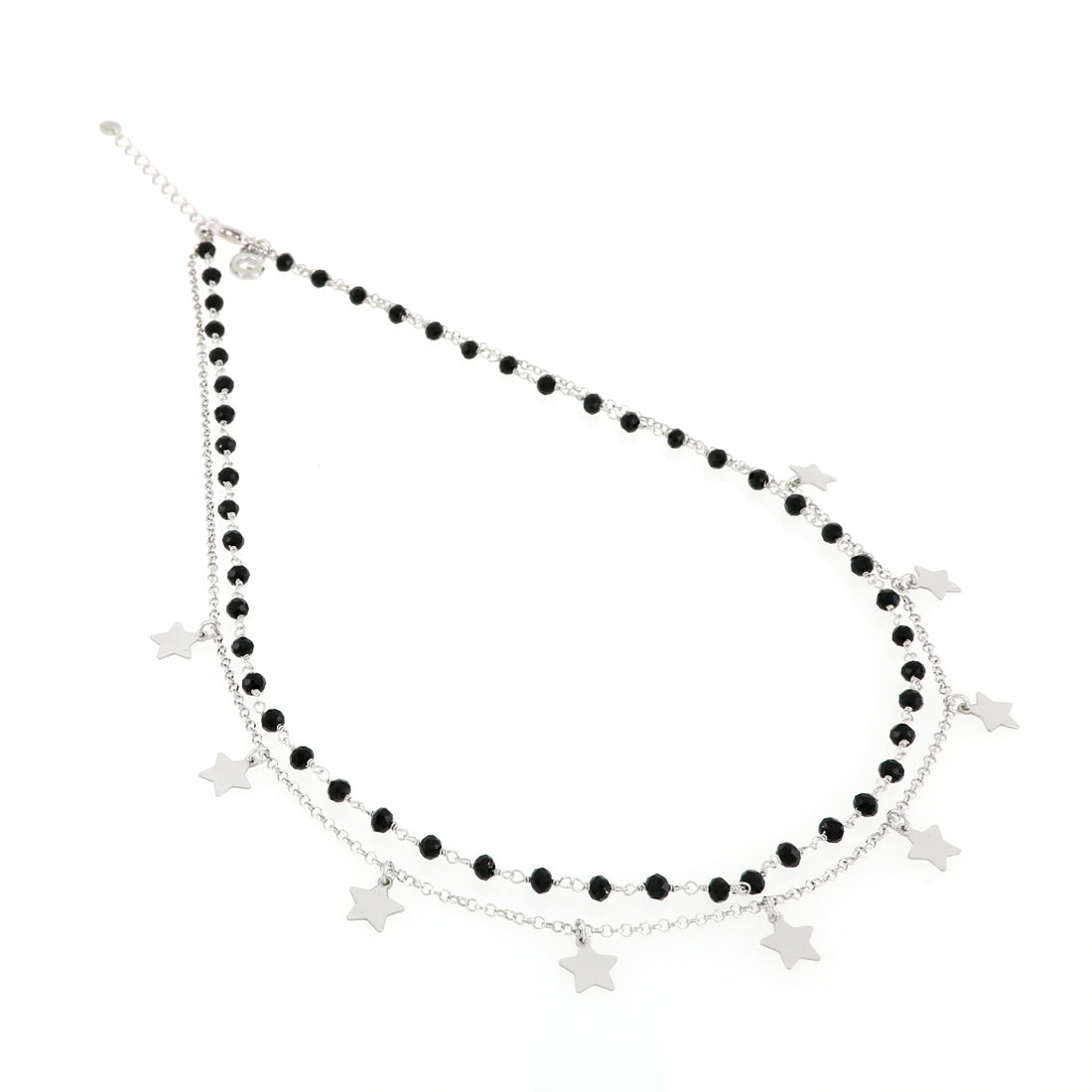 Collana in argento doppia a due file con rosario nero e pendentini stella