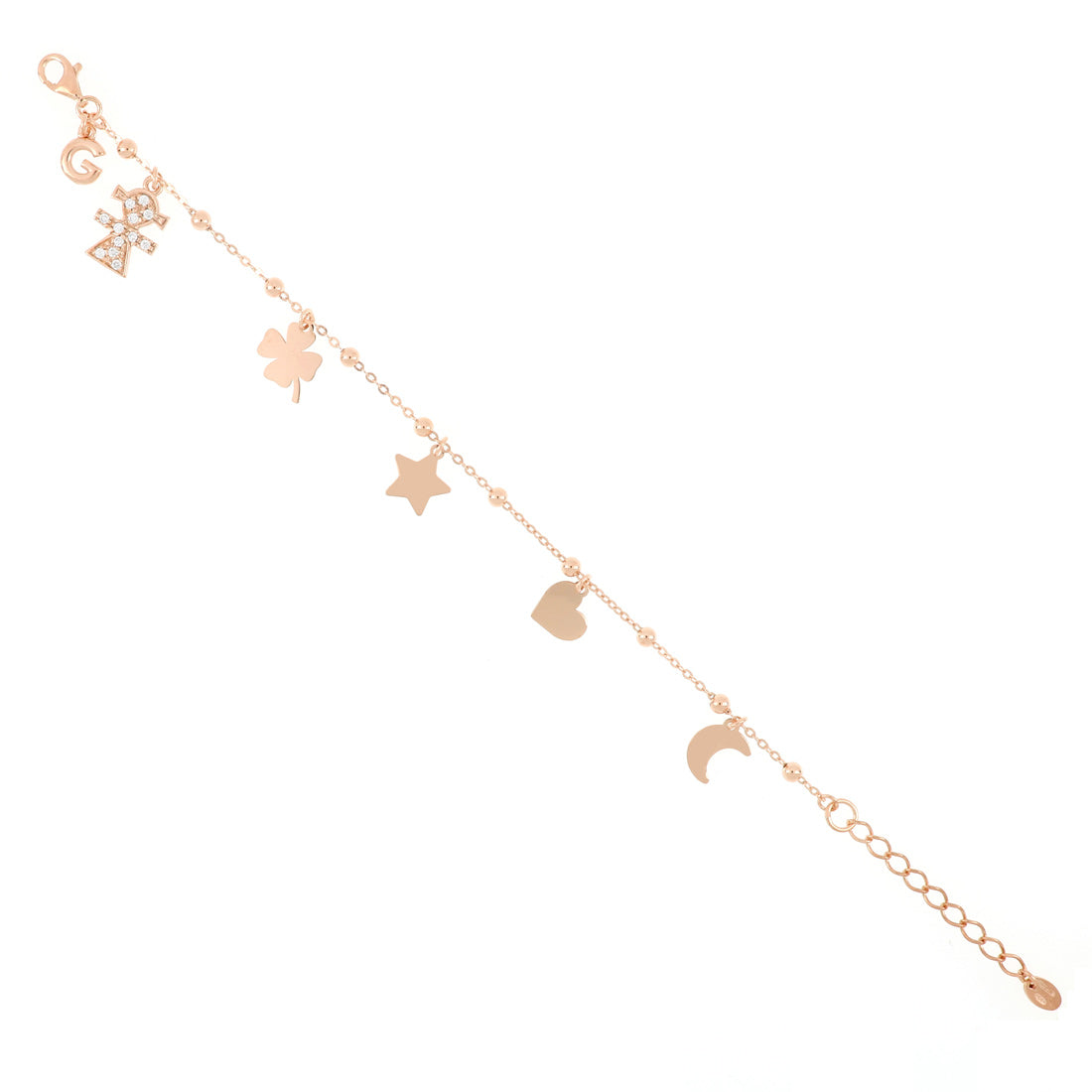 Bracciale oro rosa con pendente bambina e simboli quadrifoglio, stella, cuore, luna