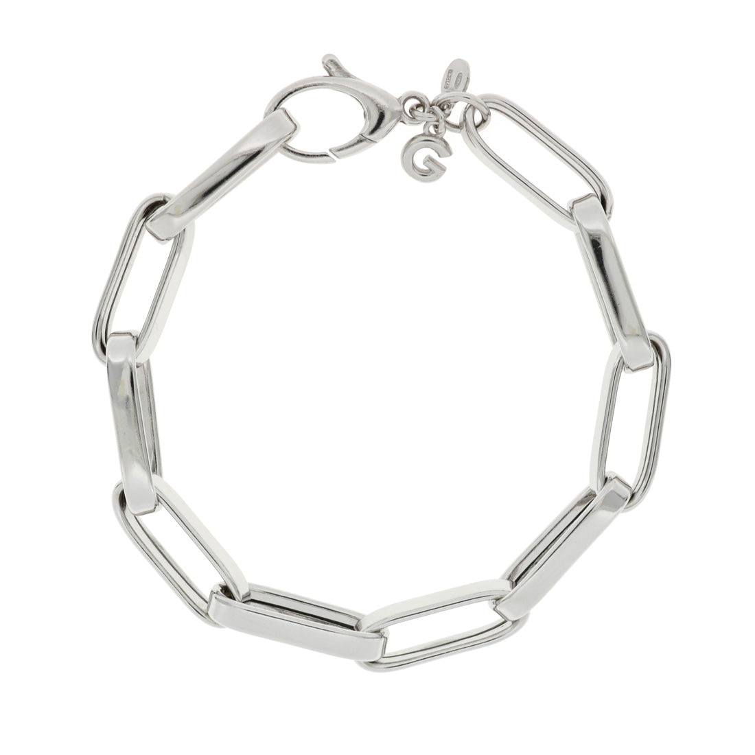 Bracciale catena argento visto chiuso per intero, realizzato con maglie rettangolari allungate