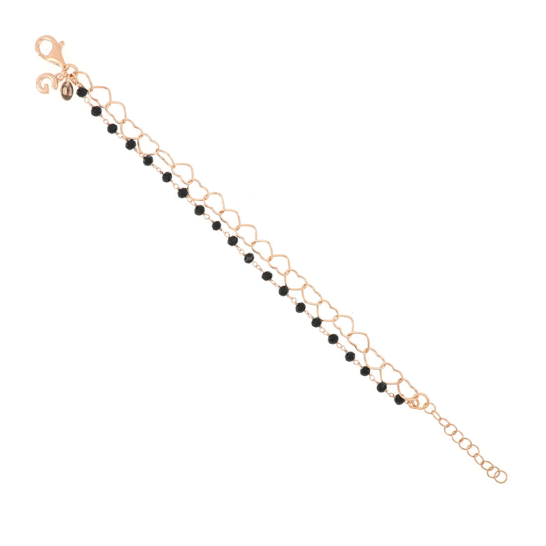 Bracciale placcato oro rosa con rosario nero e catena di cuori intrecciati