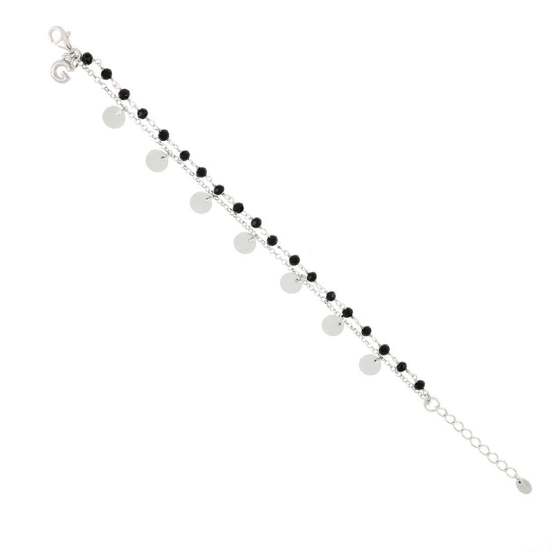 Bracciale in argento a due file con rosario di perline nere e cerchietti in argento