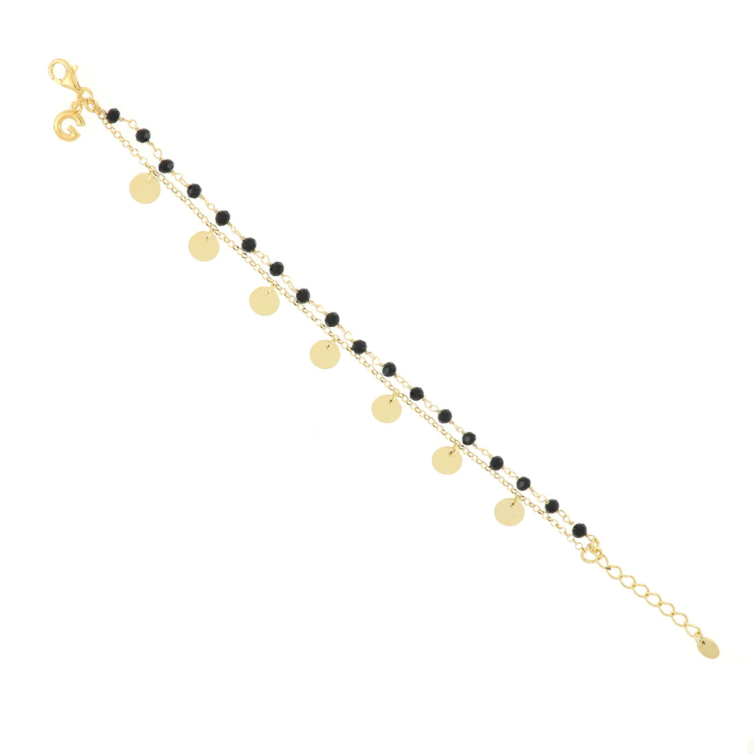 Bracciale oro a due file con rosario di perline nere e monetine tonde dorate