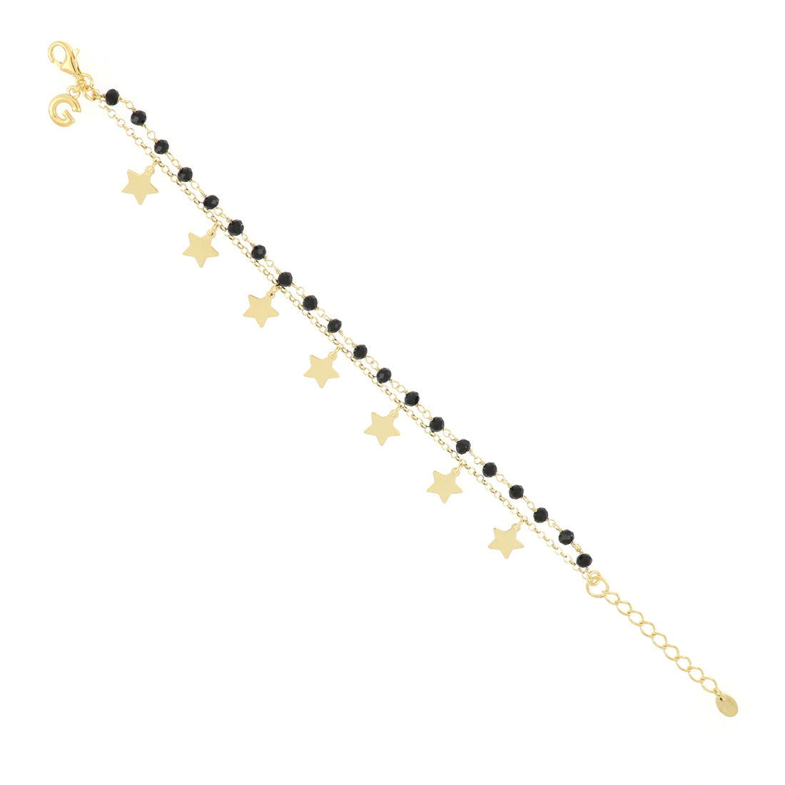 Bracciale a due file con rosario nero di vetro e catena leggera con pendenti stelle dorate