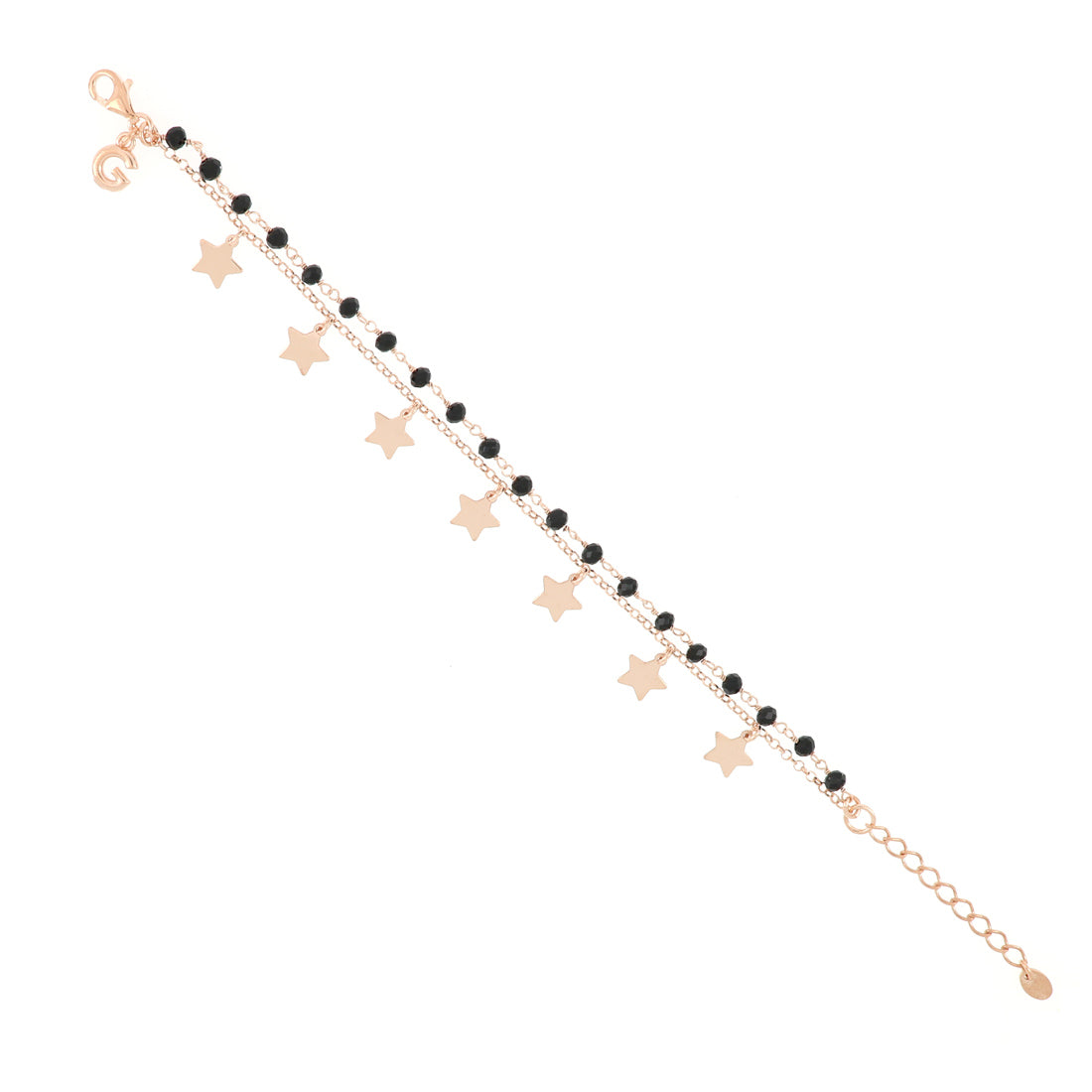 Bracciale a due file con rosario nero e catena con pendenti stella, questa è la versione oro rosa