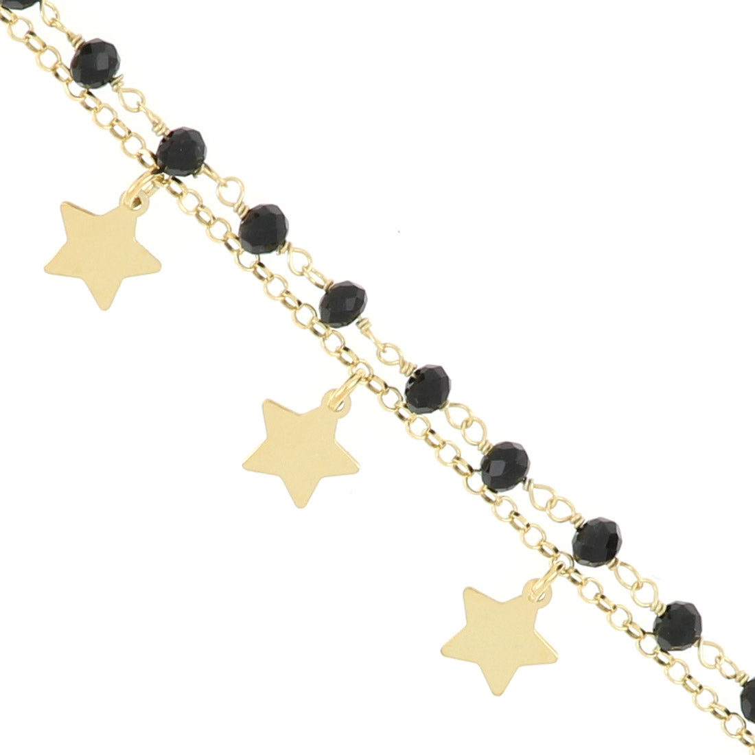 Zoom su bracciale oro a due file con rosario di perline nere e catena con pendenti stelle