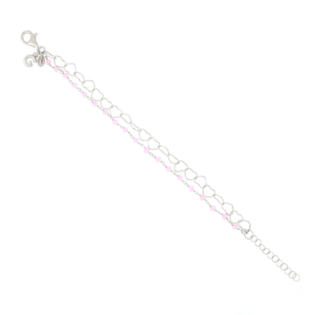 Bracciale a due file con rosario di perline rosa e catena di cuori intrecciati