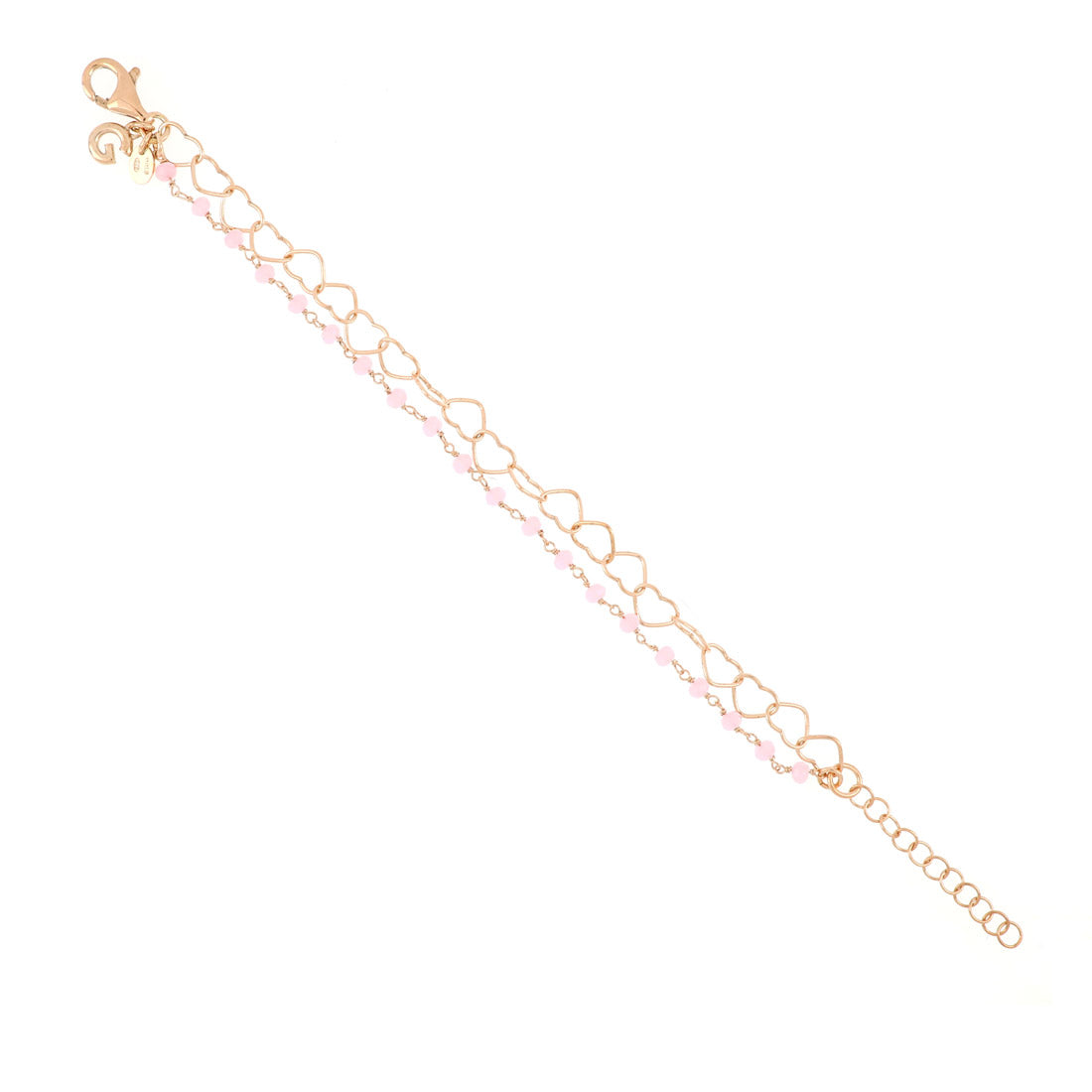 Bracciale in oro rosa con perline rosa e cuori intrecciati