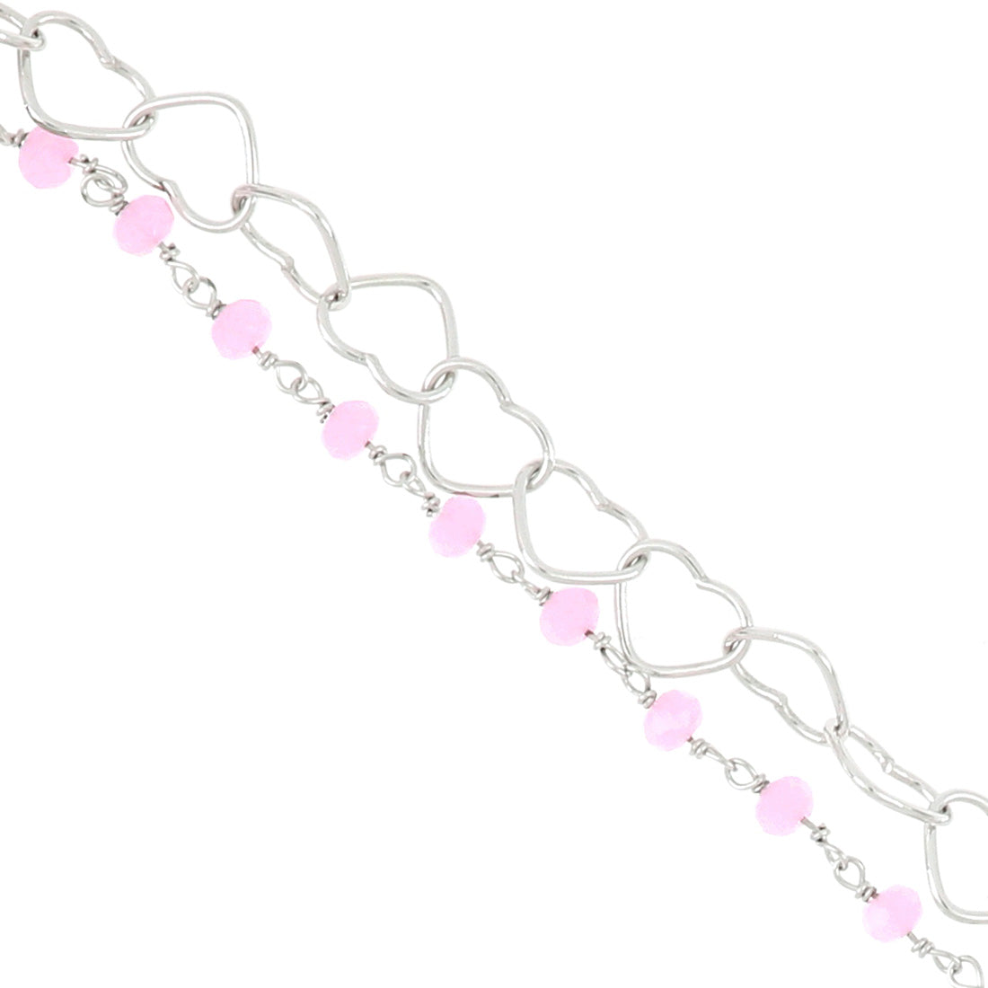 Zoom su bracciale in argento con perline rosa e cuori intrecciati