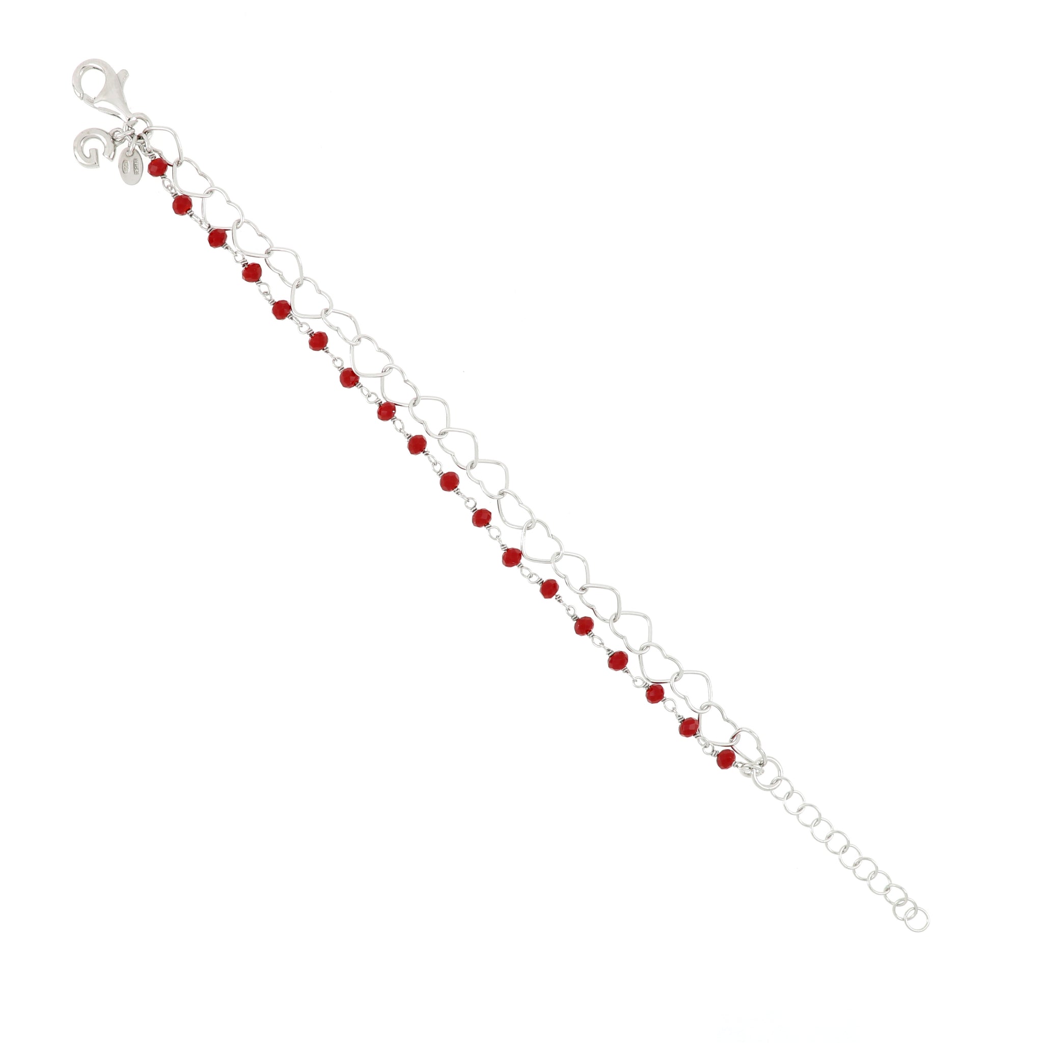 Bracciale a due file con rosario rosso e catena di cuori intrecciati. Il bracciale è realizzato in argento 925