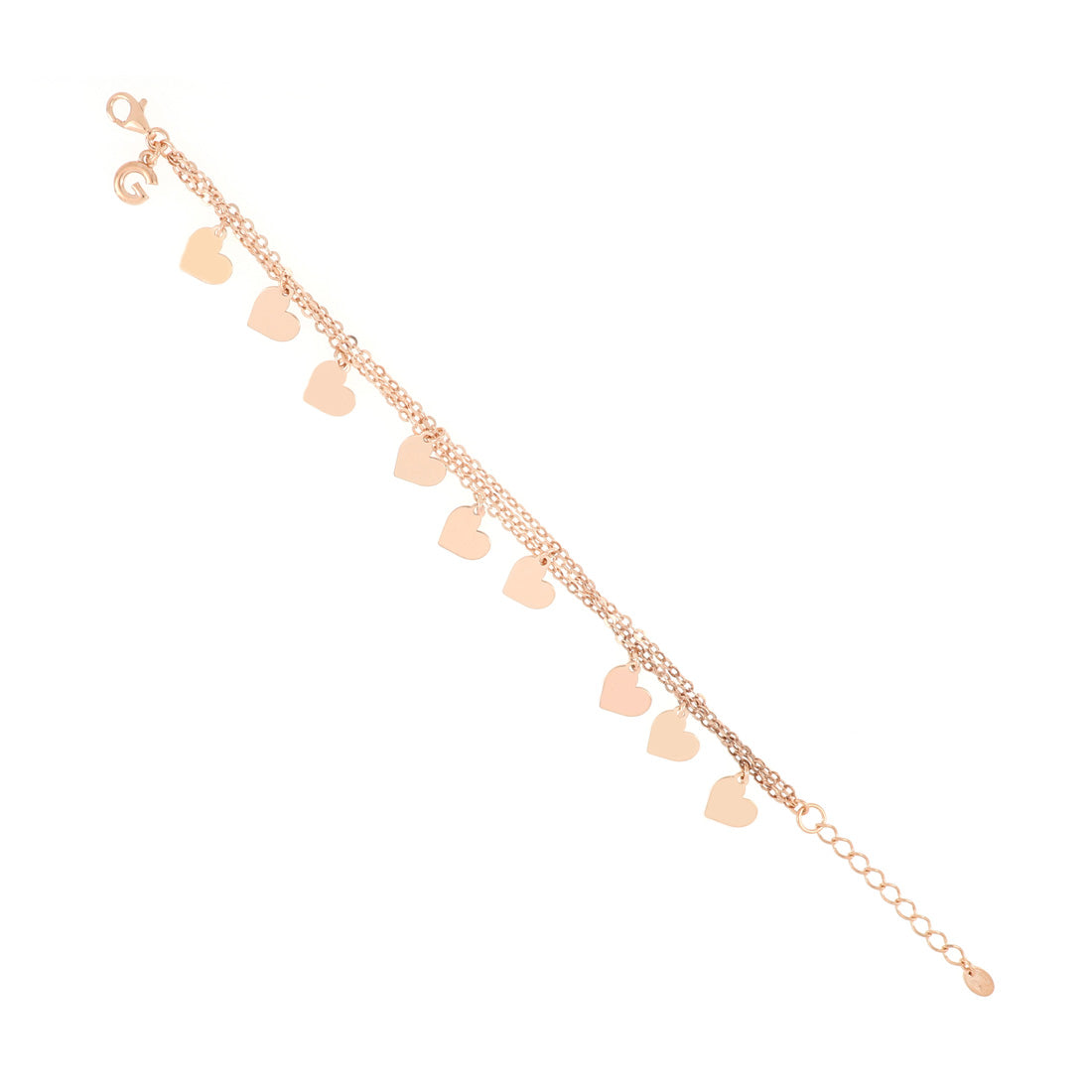 Bracciale giuzi in oro rosa realizzato con tre file di catena leggera e nove pendenti a forma di cuore