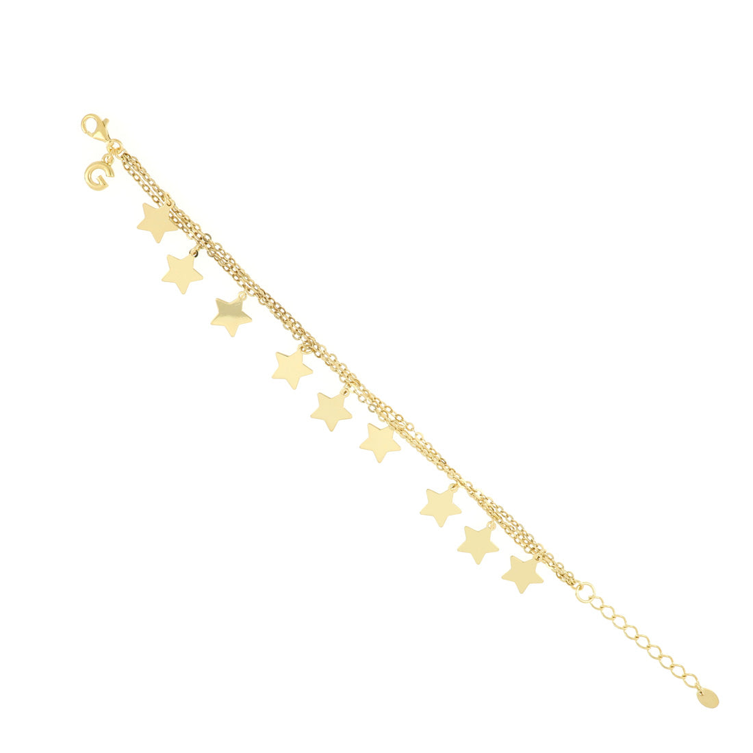 Bracciale in oro con stelle pendenti disposte su tre file ravvicinate