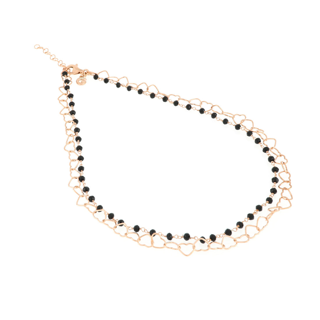 Collana oro rosa con perline nere e cuori intrecciati