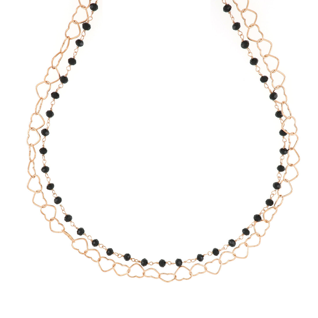 Collana doppia con cuori oro rosa e perline nere