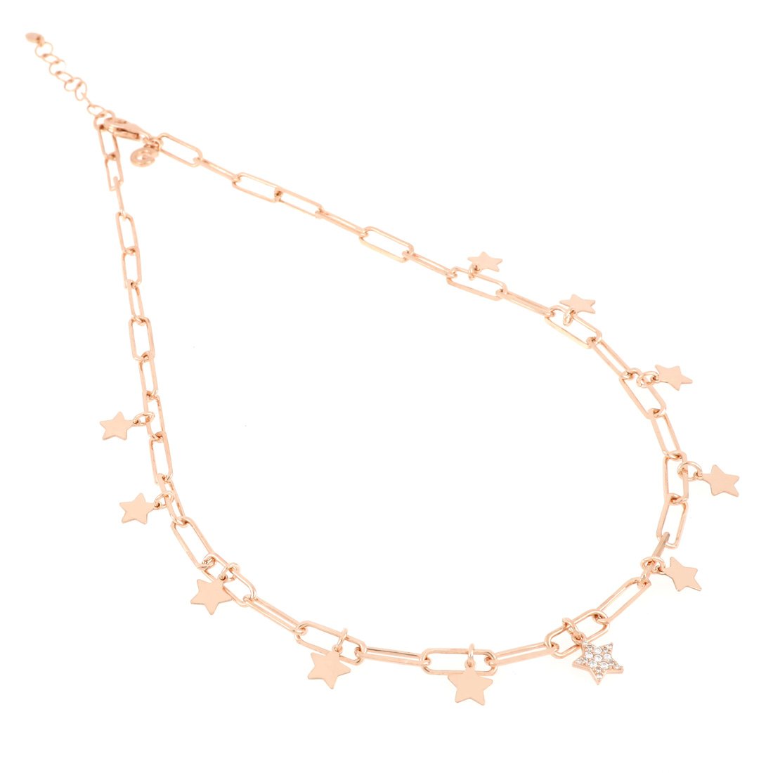 Collana oro rosa con maglie allungate e pendenti stella. La stella centrale è riempita di zirconi.