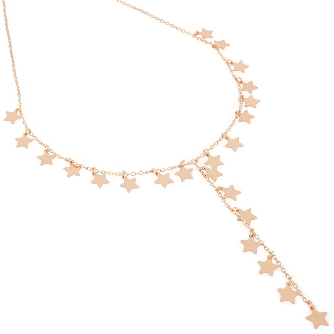 Collana con tante stelle in oro rosa, con pendente di stelle che scende fino alla scollatura
