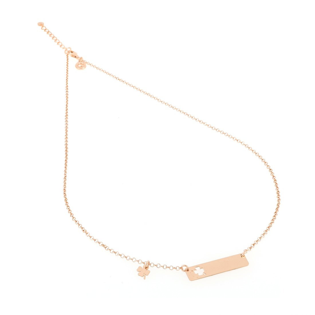 Collana con targa quadrifoglio oro rosa porta fortuna