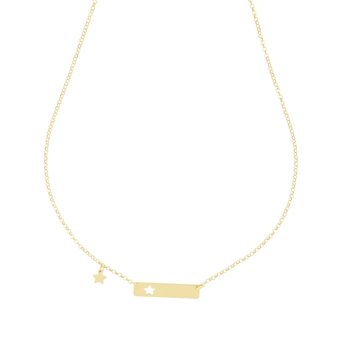 Collana con piastrina oro forata lateralmente a forma di stella. La collana è placcata oro.