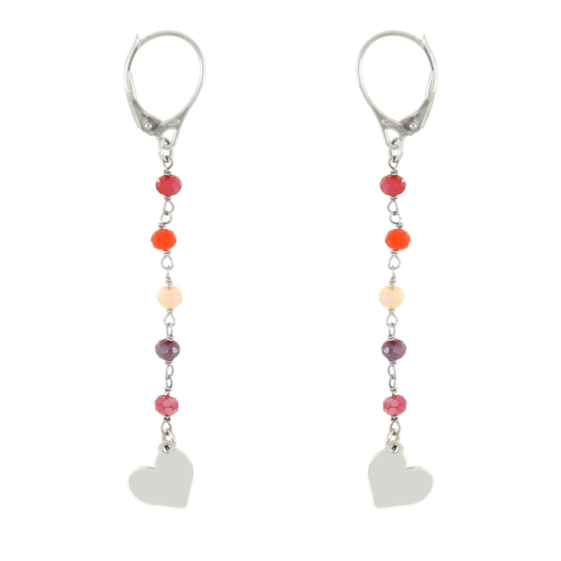 Orecchino con rosario multicolor (perline arancio, rosso, viola e beige) e pendente cuore finale in argento 925