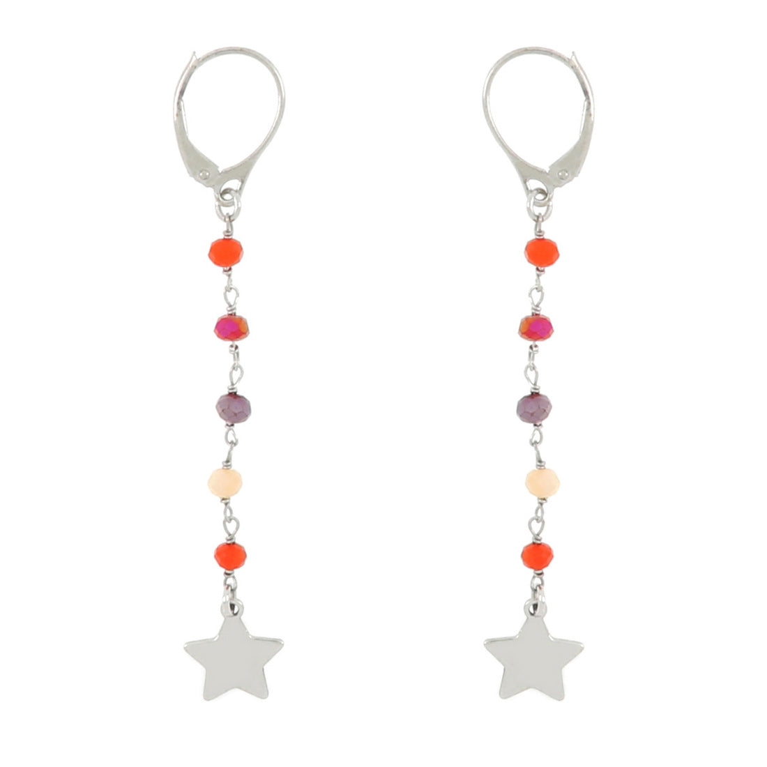 Orecchino con rosario multicolor (perline arancio, rosso, viola e beige) e pendente stella finale in argento 925