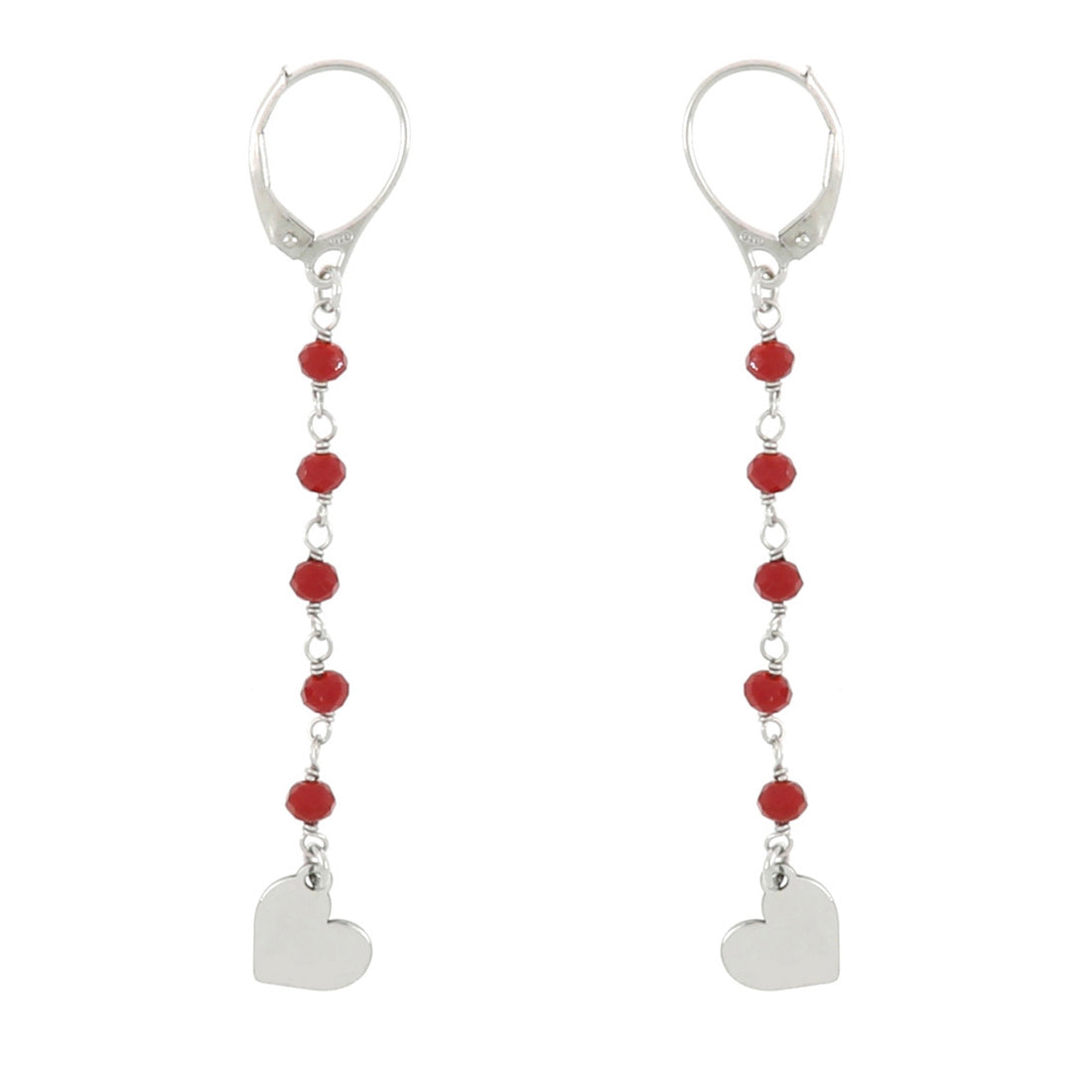 Orecchini lunghi con rosario rosso e pendente cuore in argento 925