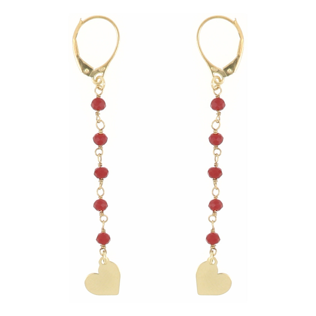 Orecchini lunghi con perline rosse e cuore in oro